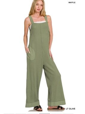 NWT ZENANA LARGE Light Olive Waffle Knit Wide-Leg Jumpsuit